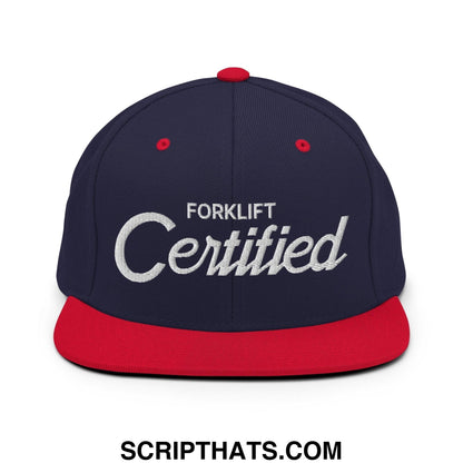 Forklift Certified Vintage Sports Script Embroidered Flat Bill Brim Snapback Hat Navy Red