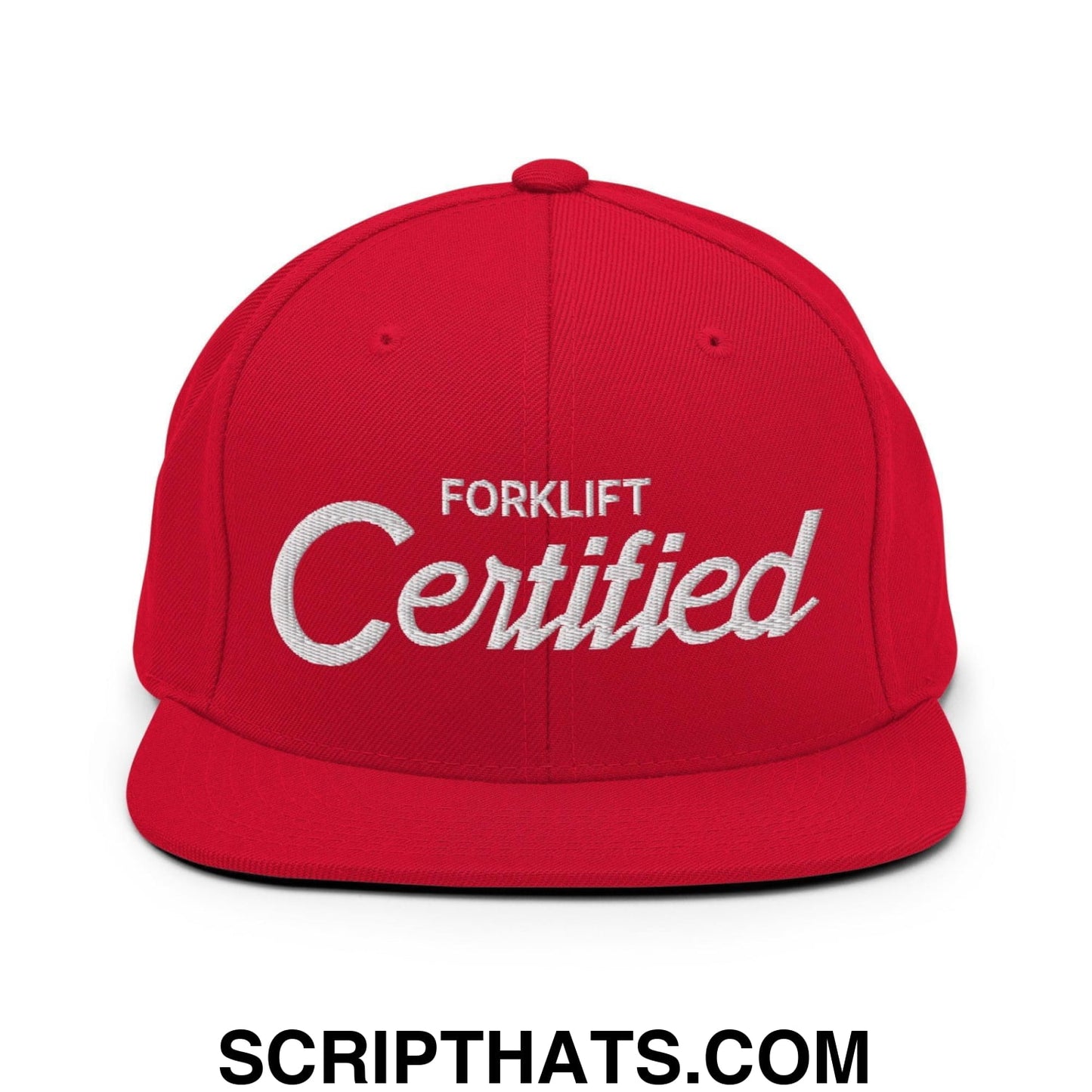 Forklift Certified Vintage Sports Script Embroidered Flat Bill Brim Snapback Hat Red