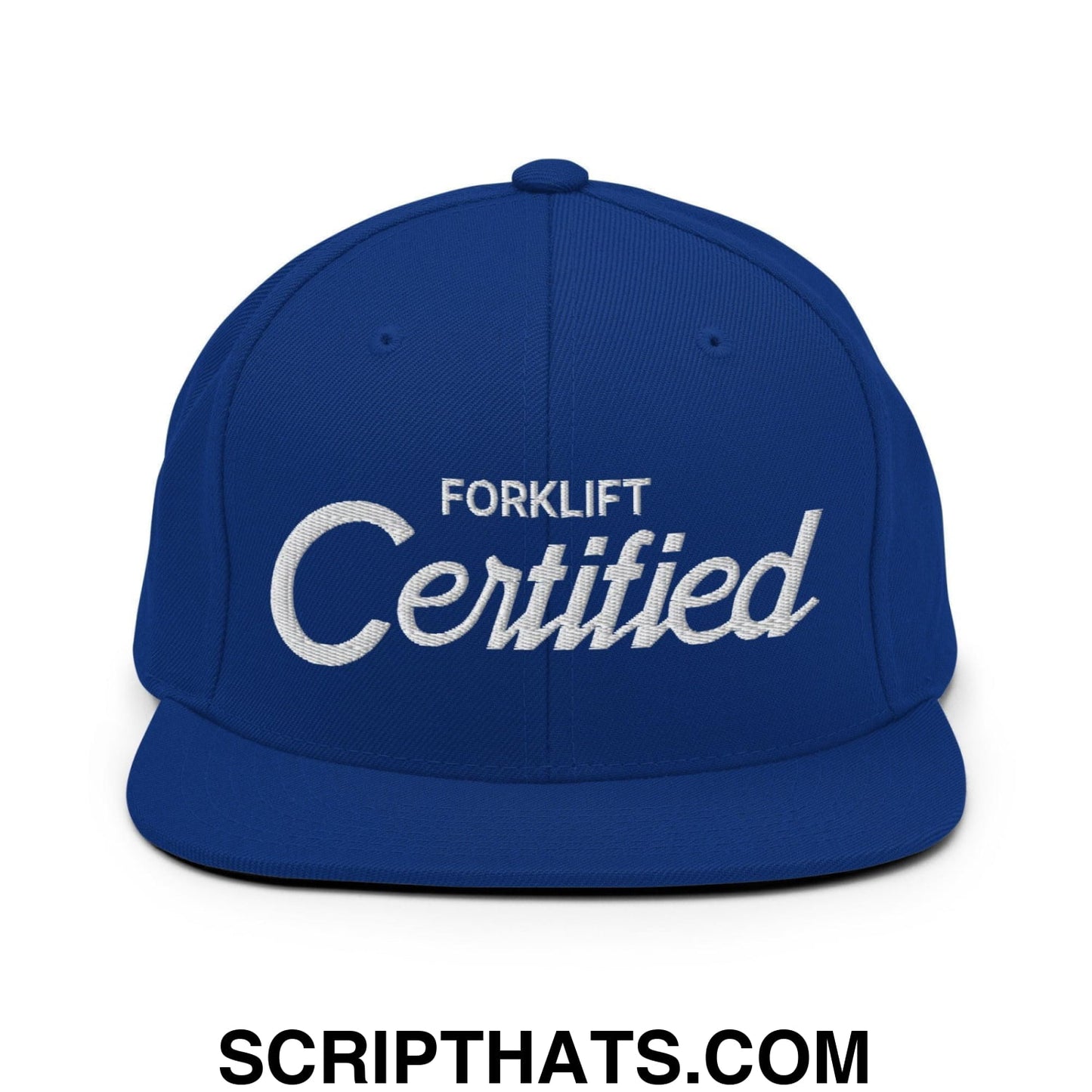 Forklift Certified Vintage Sports Script Embroidered Flat Bill Brim Snapback Hat Royal Blue