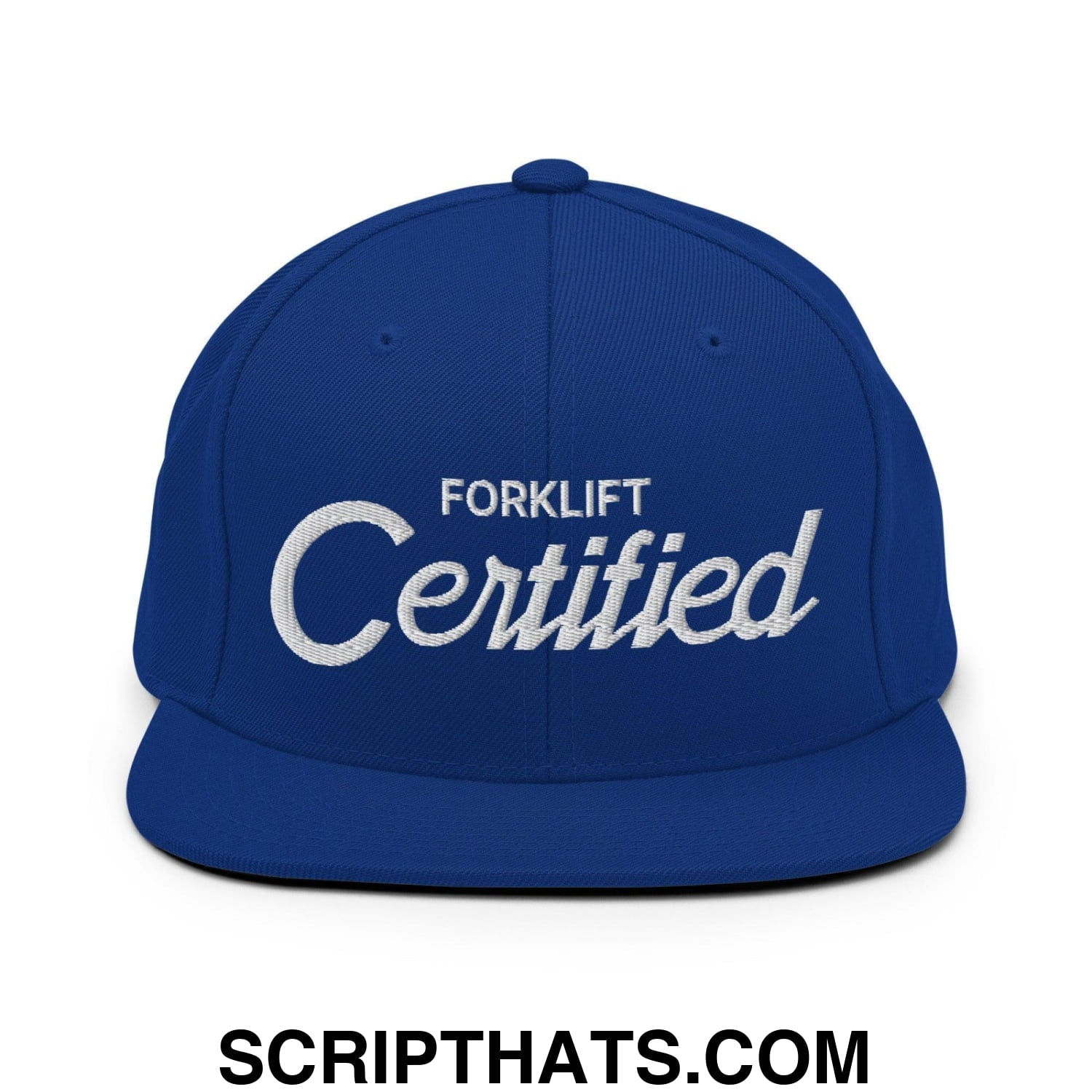 Forklift Certified Vintage Sports Script Embroidered Flat Bill Brim Snapback Hat Royal Blue