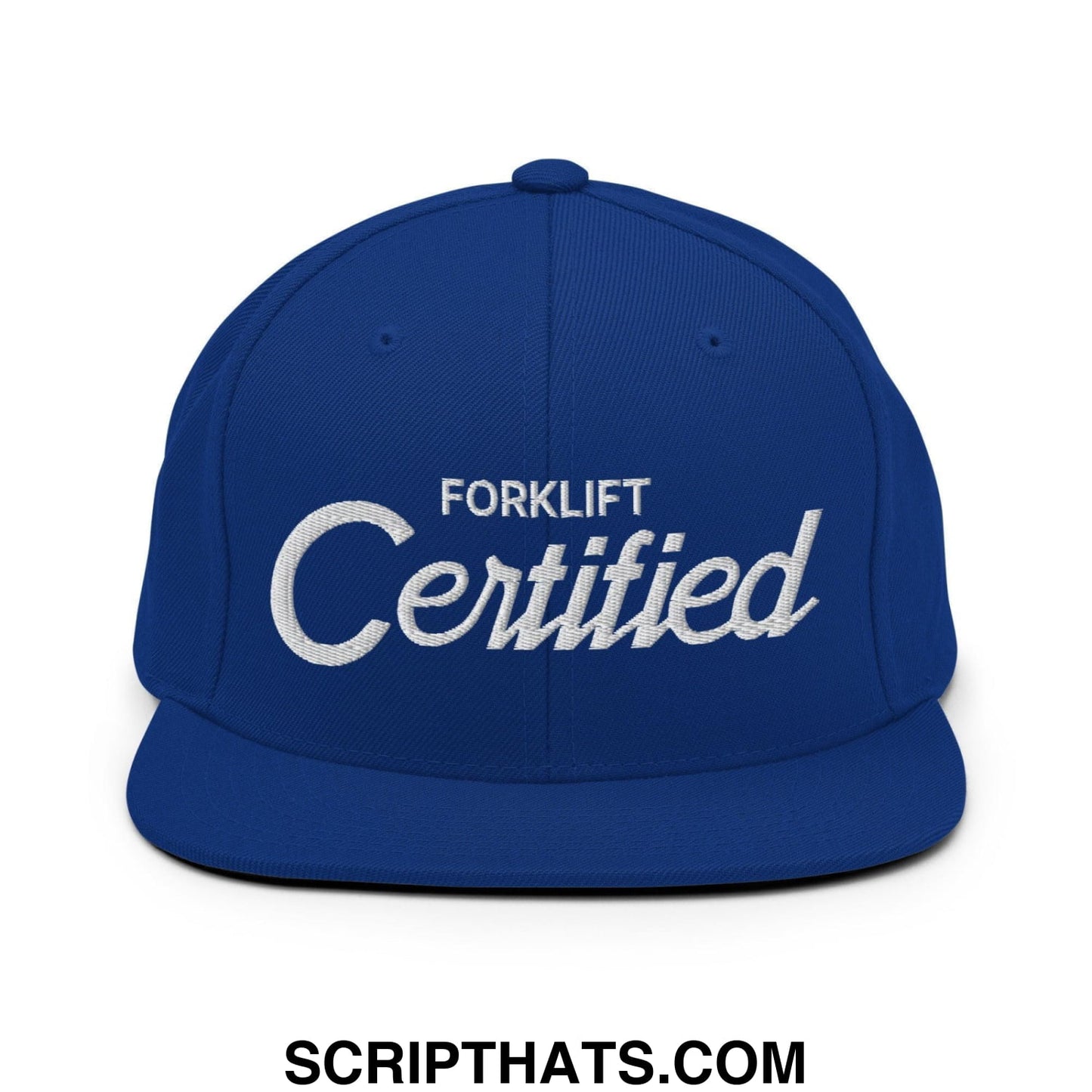 Forklift Certified Vintage Sports Script Embroidered Flat Bill Brim Snapback Hat Royal Blue