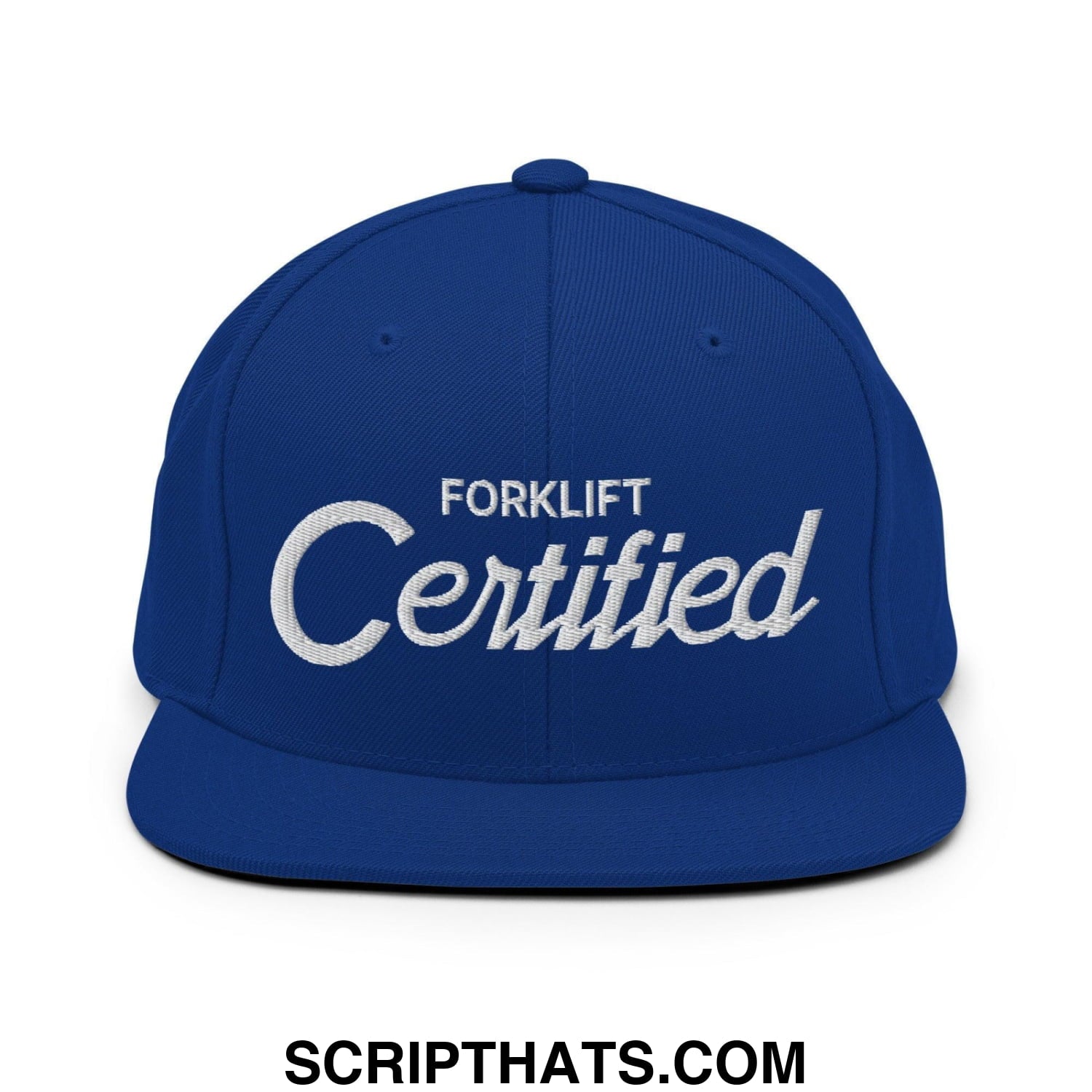 Forklift Certified Vintage Sports Script Embroidered Flat Bill Brim Snapback Hat Royal Blue