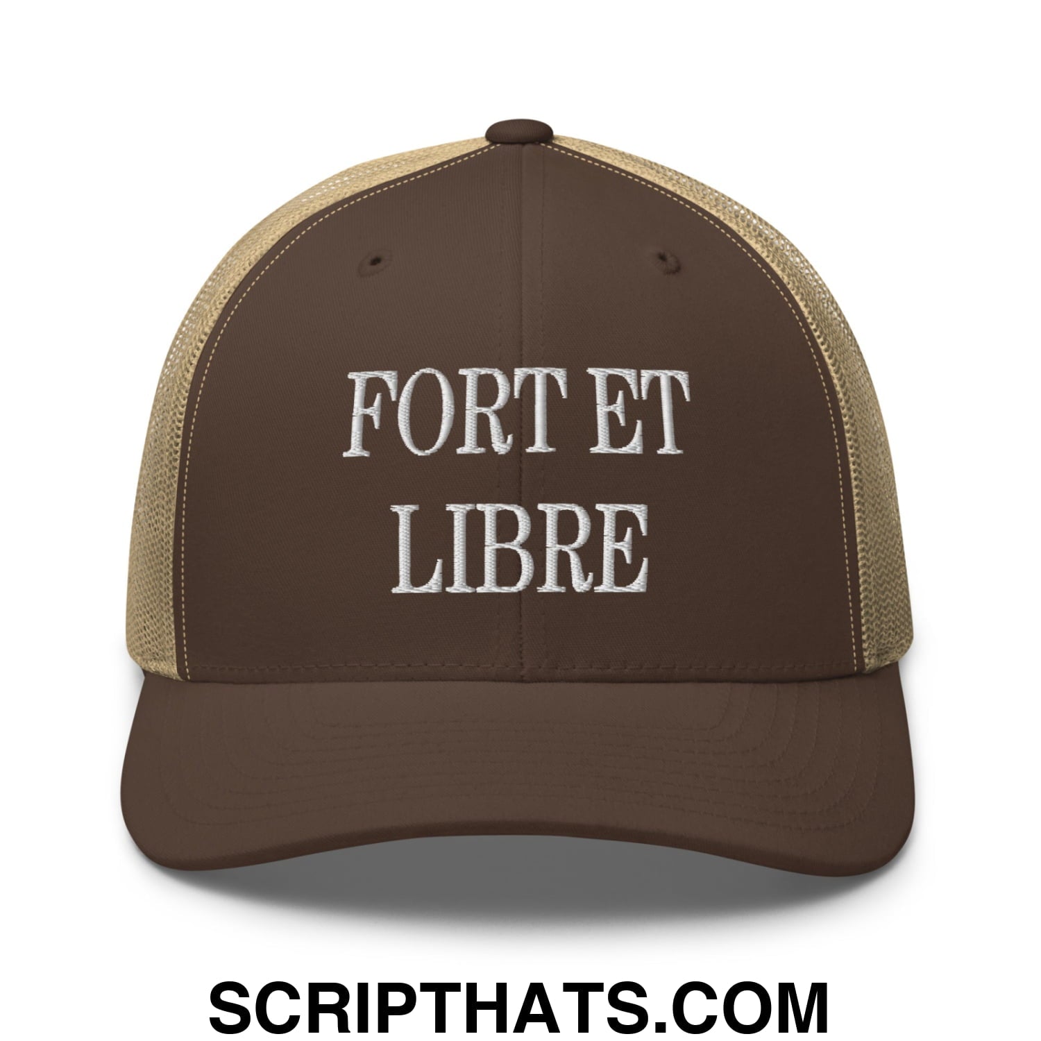 Fort et Libre Canada Strong and Free Embroidered Retro Mesh Trucker Hat Brown Khaki