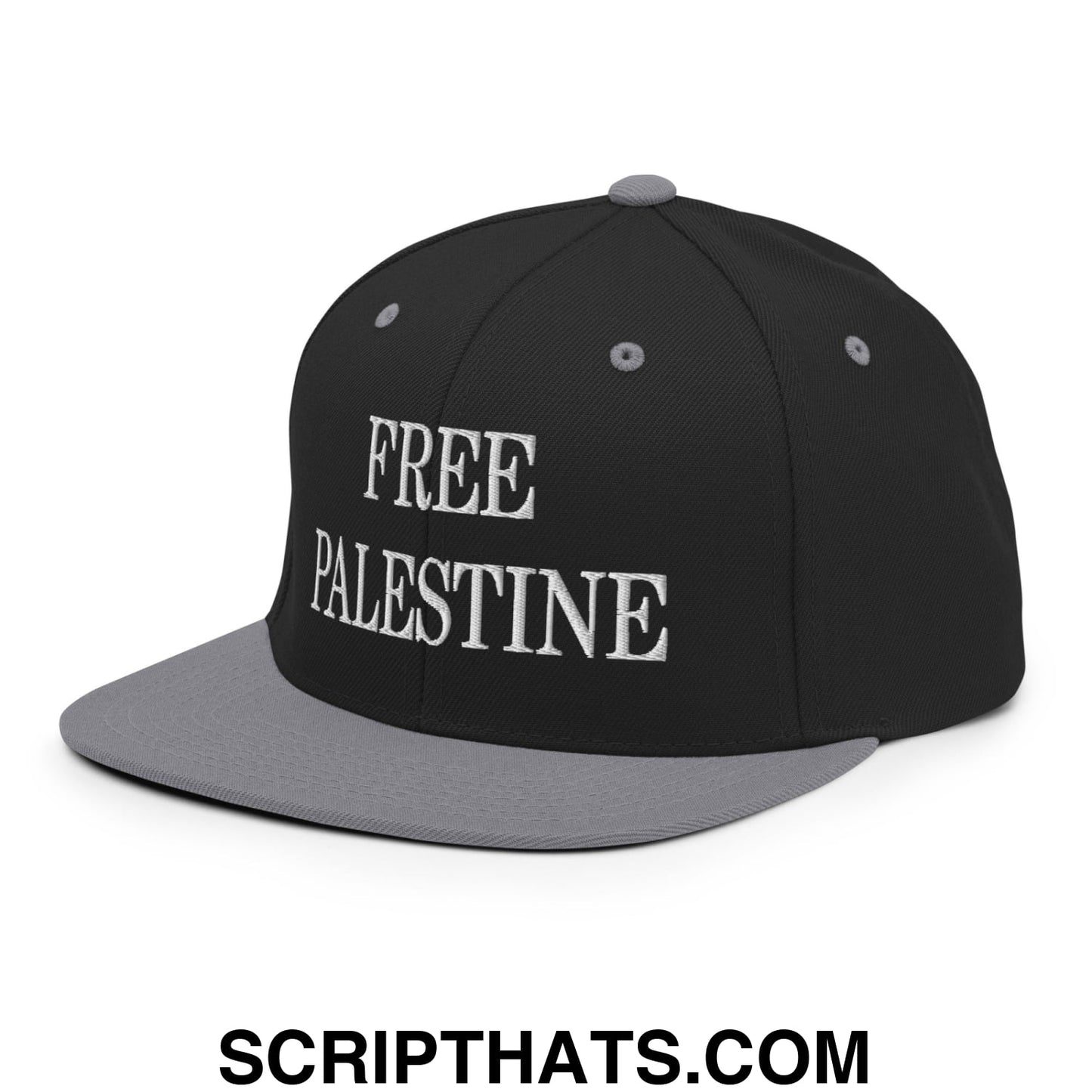 Free Palestine Embroidered Flat Bill Brim Snapback Hat Black Silver
