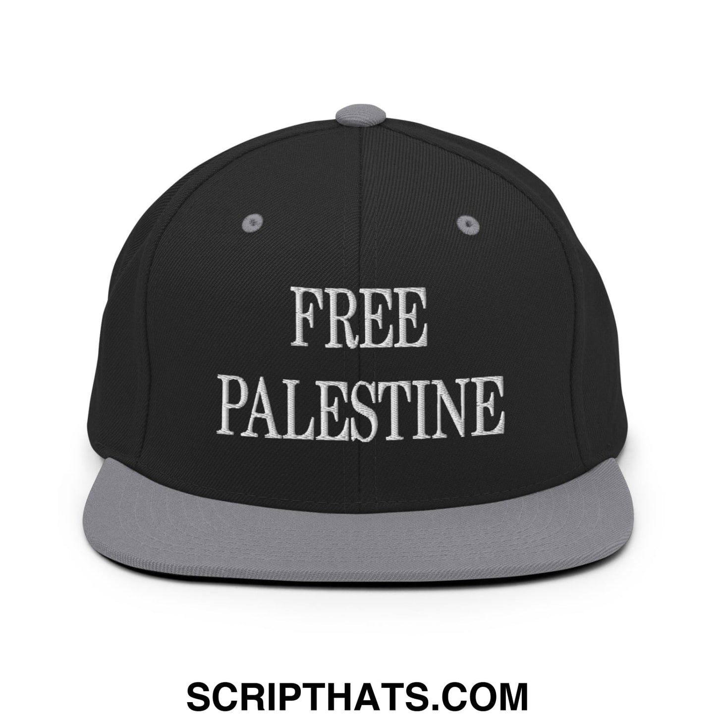 Free Palestine Embroidered Flat Bill Brim Snapback Hat Black Silver