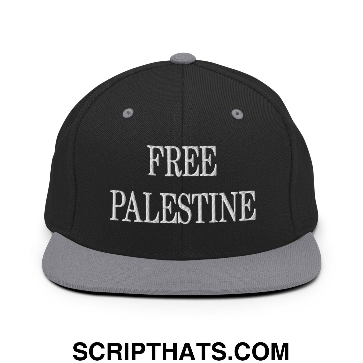 Free Palestine Embroidered Flat Bill Brim Snapback Hat Black Silver