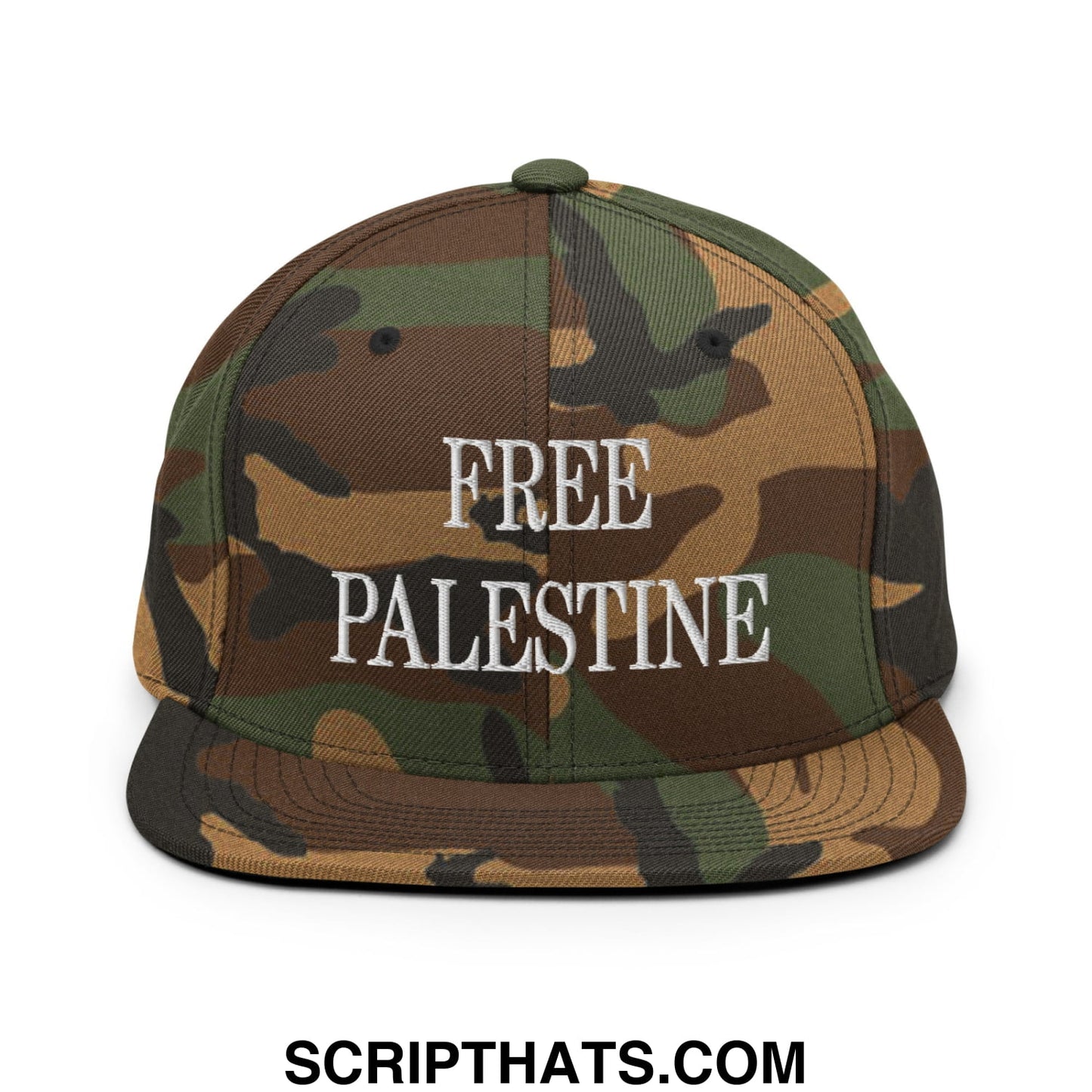 Free Palestine Embroidered Flat Bill Brim Snapback Hat Green Camo
