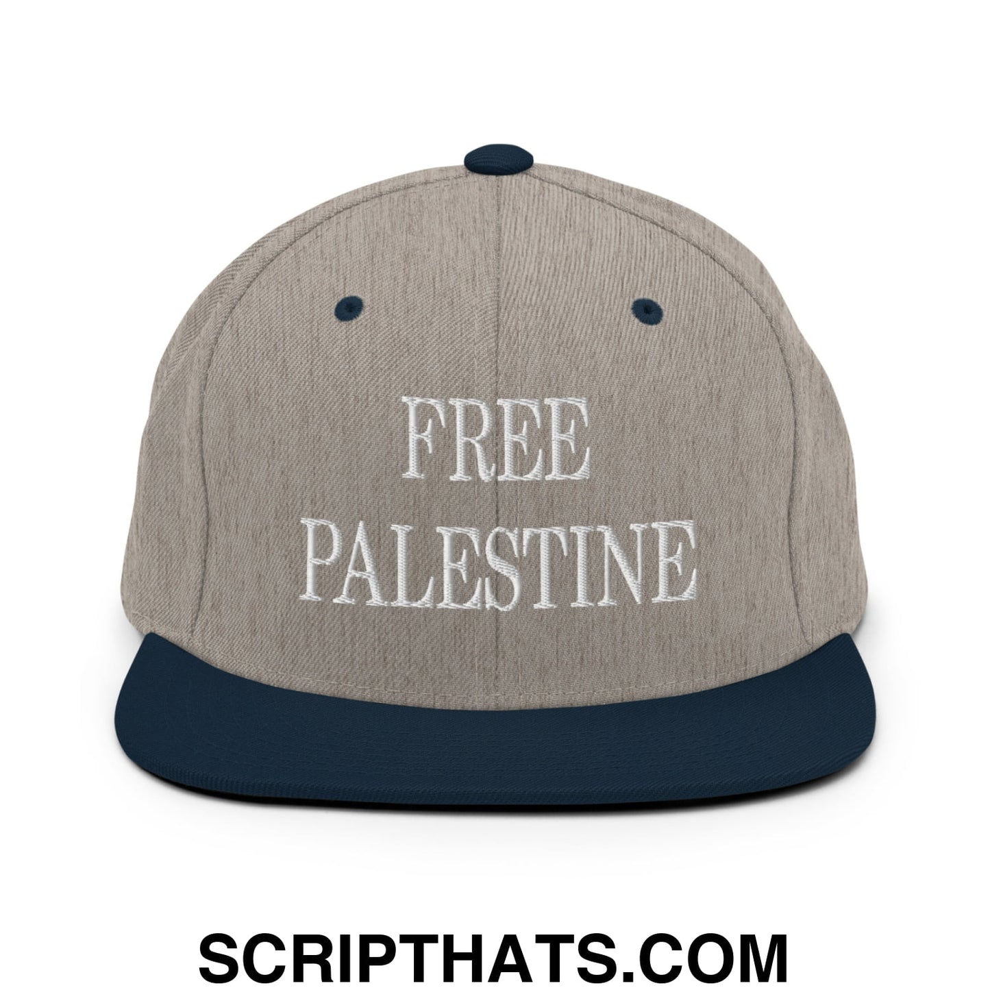 Free Palestine Embroidered Flat Bill Brim Snapback Hat Heather Grey Navy