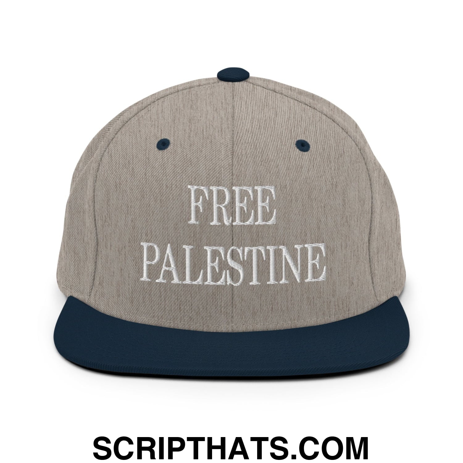 Free Palestine Embroidered Flat Bill Brim Snapback Hat Heather Grey Navy