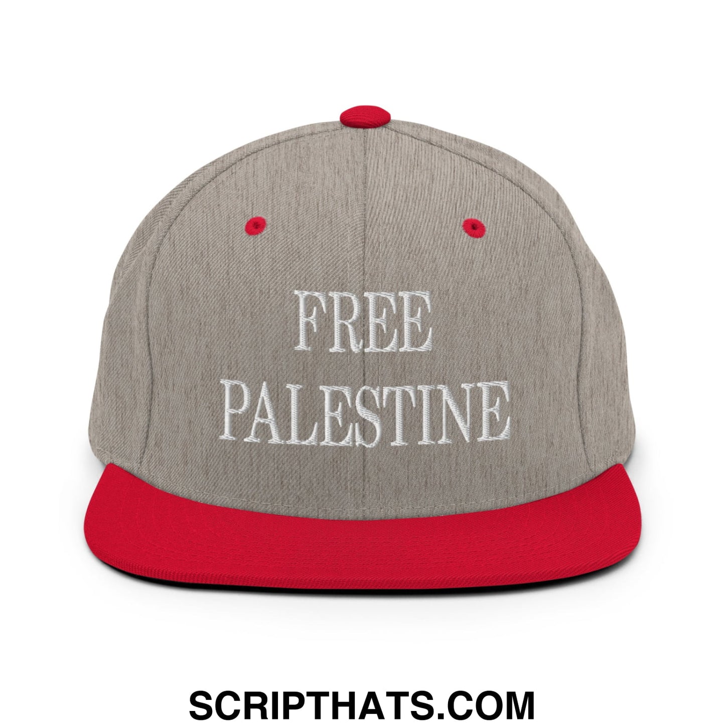 Free Palestine Embroidered Flat Bill Brim Snapback Hat Heather Grey Red
