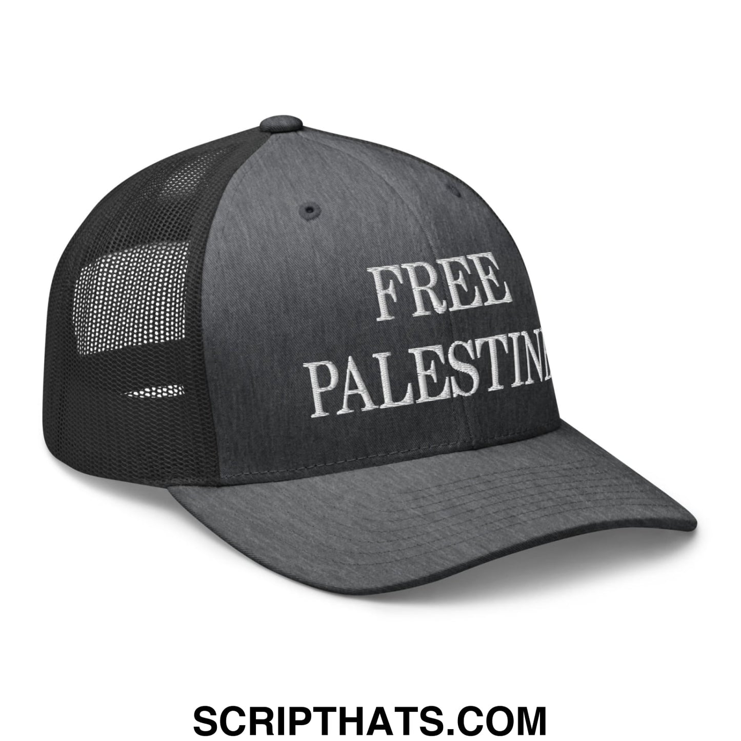 Free Palestine Embroidered Mesh Trucker Hat Dark Heather Gray