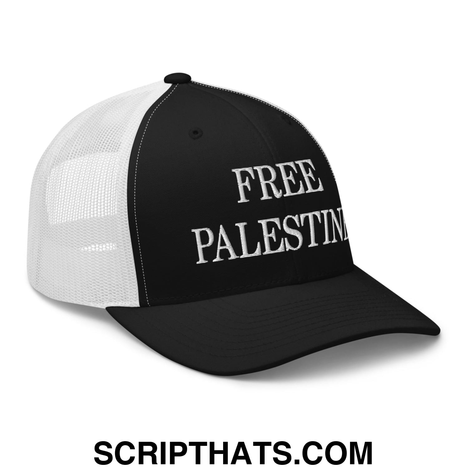 Free Palestine Embroidered Mesh Trucker Hat Black White
