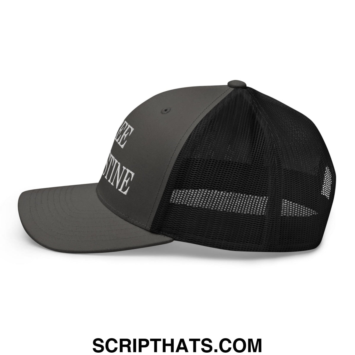 Dark gray free palestine embroidered mesh trucker hat with white text on front panel and black mesh back