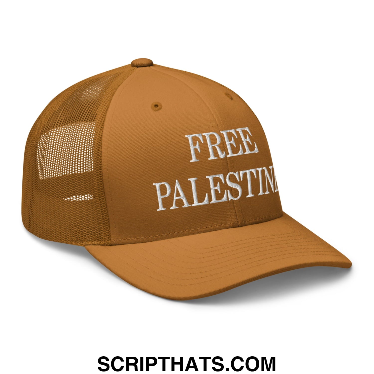 Free Palestine Embroidered Mesh Trucker Hat Caramel