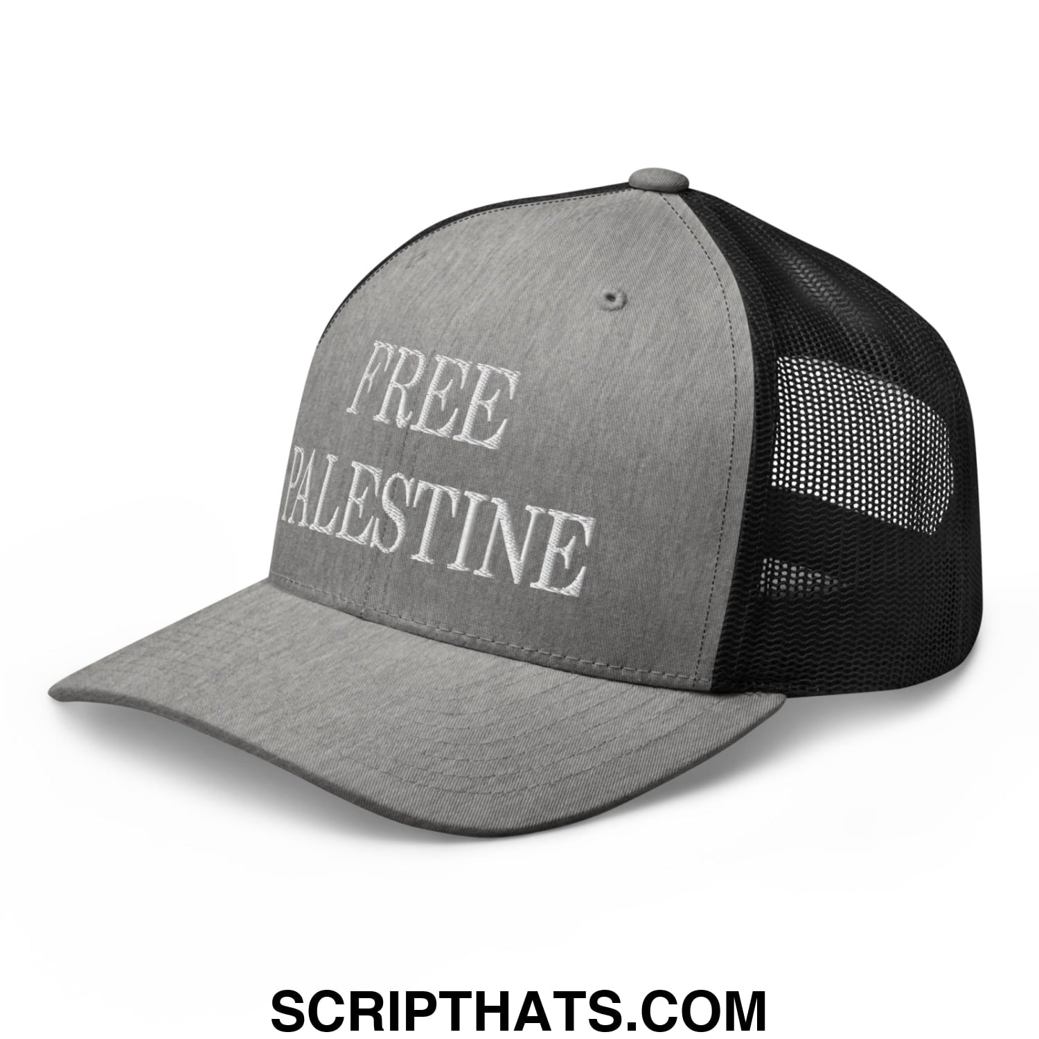 Free Palestine Embroidered Mesh Trucker Hat Heather Black