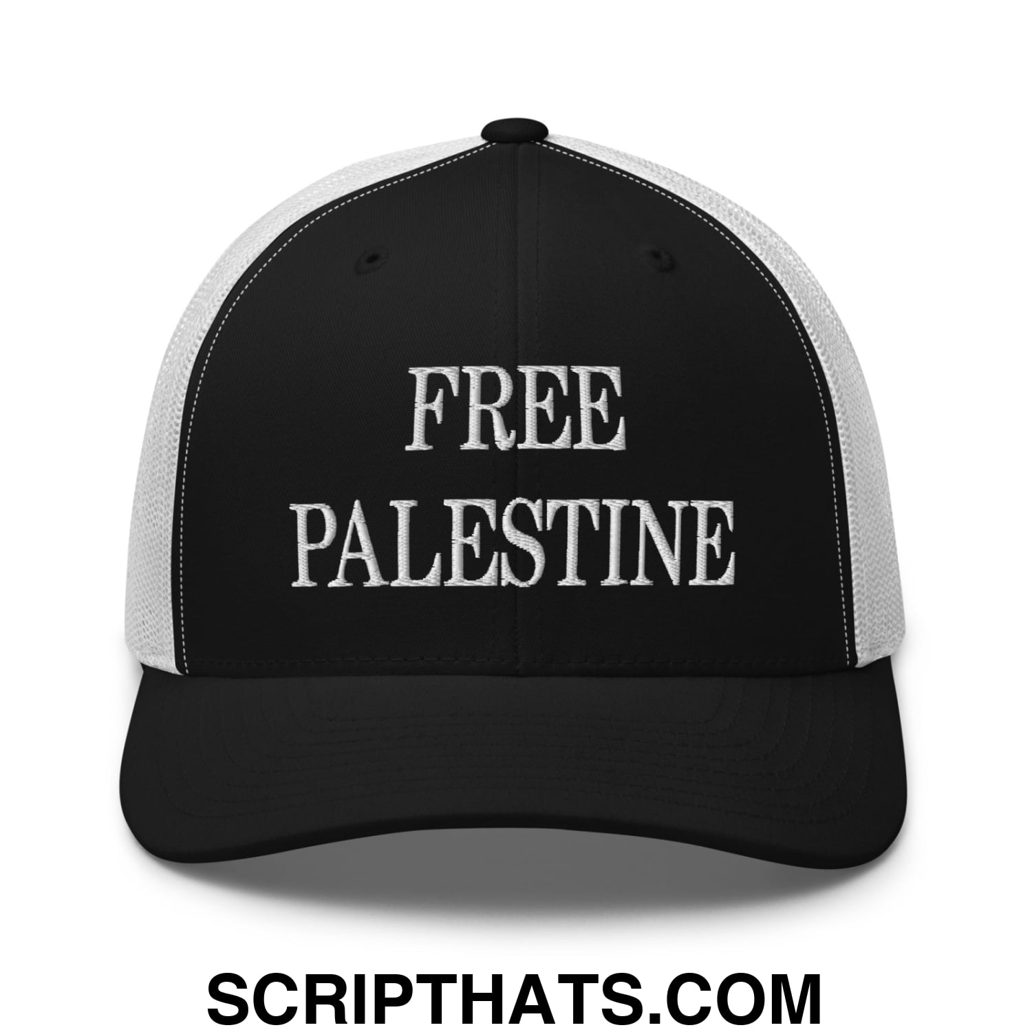 Free Palestine Embroidered Mesh Trucker Hat Black White