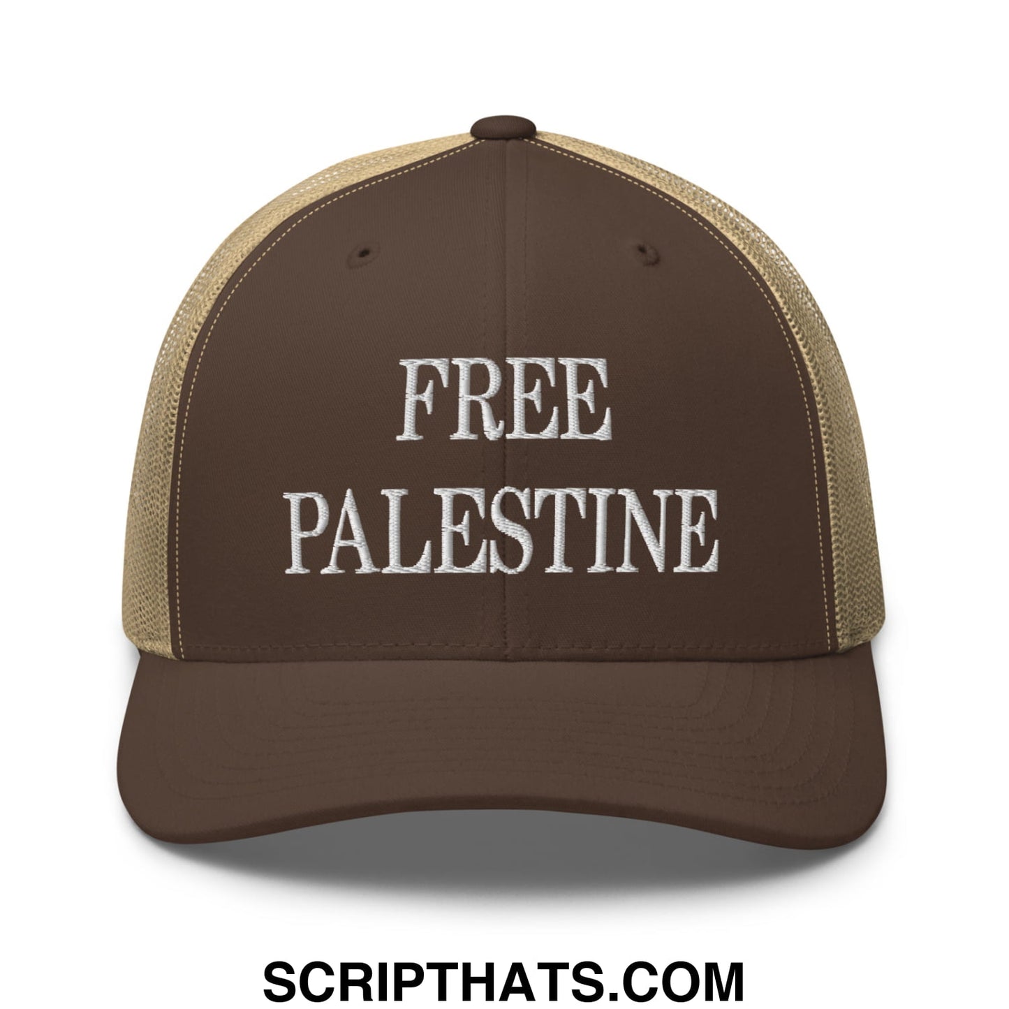 Free Palestine Embroidered Mesh Trucker Hat Brown Khaki