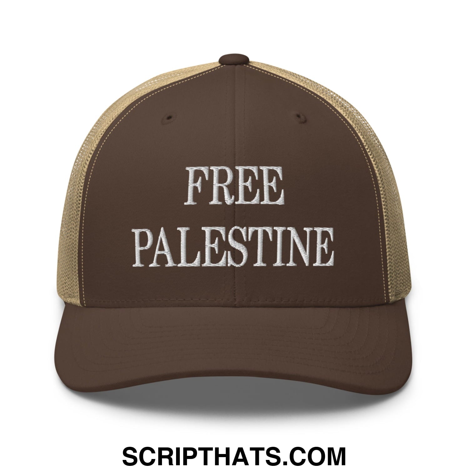 Free Palestine Embroidered Mesh Trucker Hat Brown Khaki