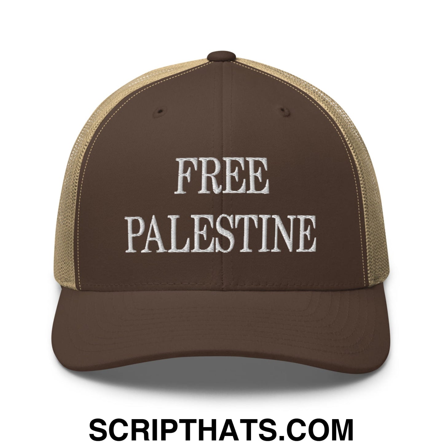 Free Palestine Embroidered Mesh Trucker Hat Brown Khaki