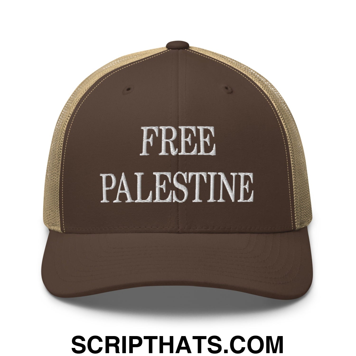 Free Palestine Embroidered Mesh Trucker Hat Brown Khaki