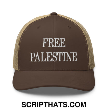 Free Palestine Embroidered Mesh Trucker Hat Brown Khaki