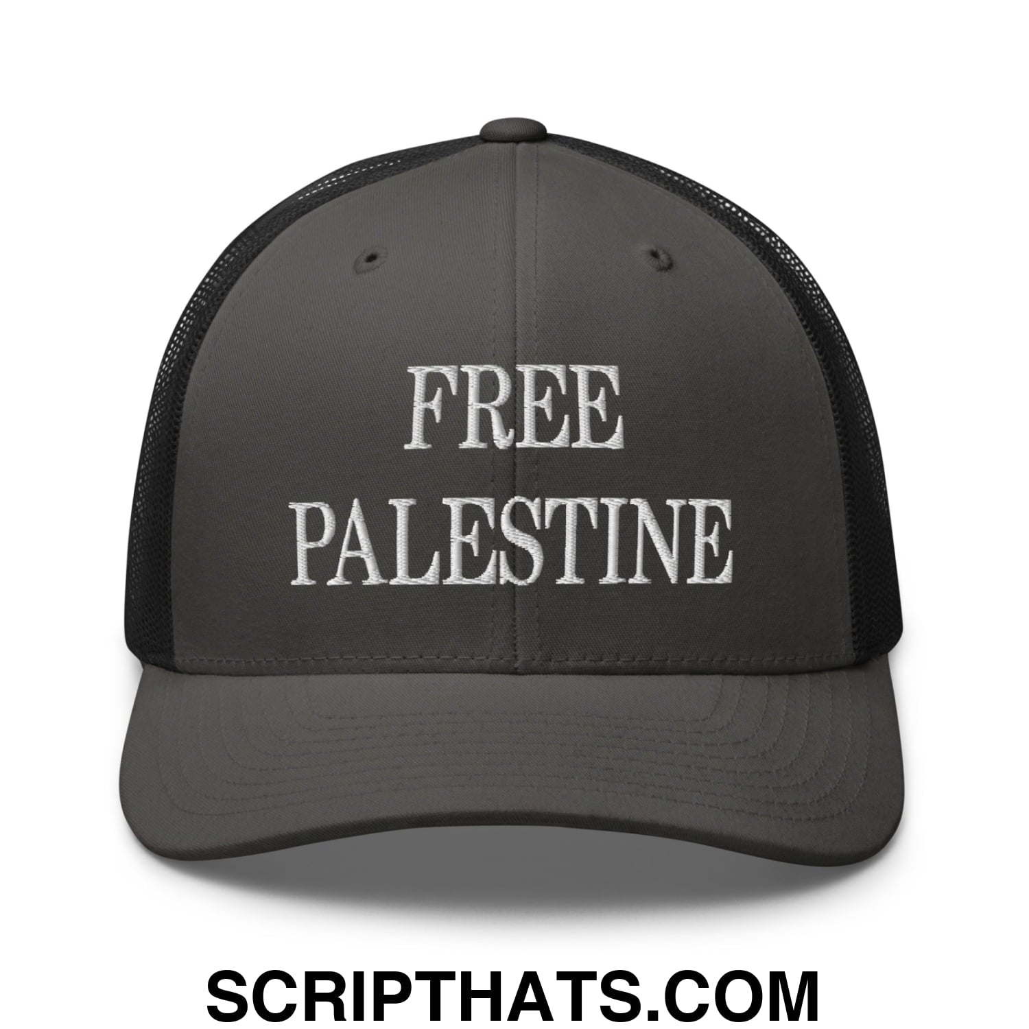 Free Palestine Embroidered Mesh Trucker Hat Charcoal Black