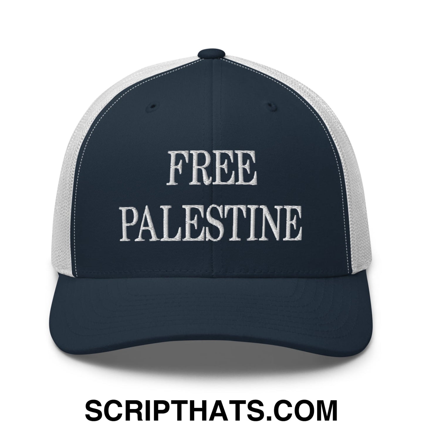 Free Palestine Embroidered Mesh Trucker Hat Navy White