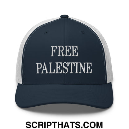 Free Palestine Embroidered Mesh Trucker Hat Navy White
