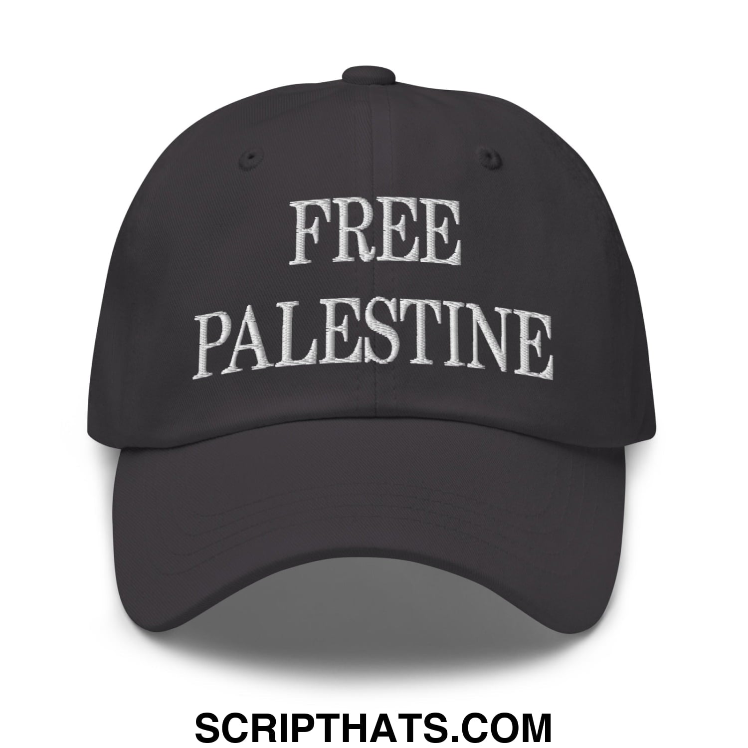 Black unstructured dad hat with white embroidered free palestine text suitable for casual wear