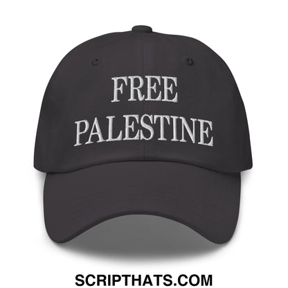 Black unstructured dad hat with white embroidered free palestine text suitable for casual wear