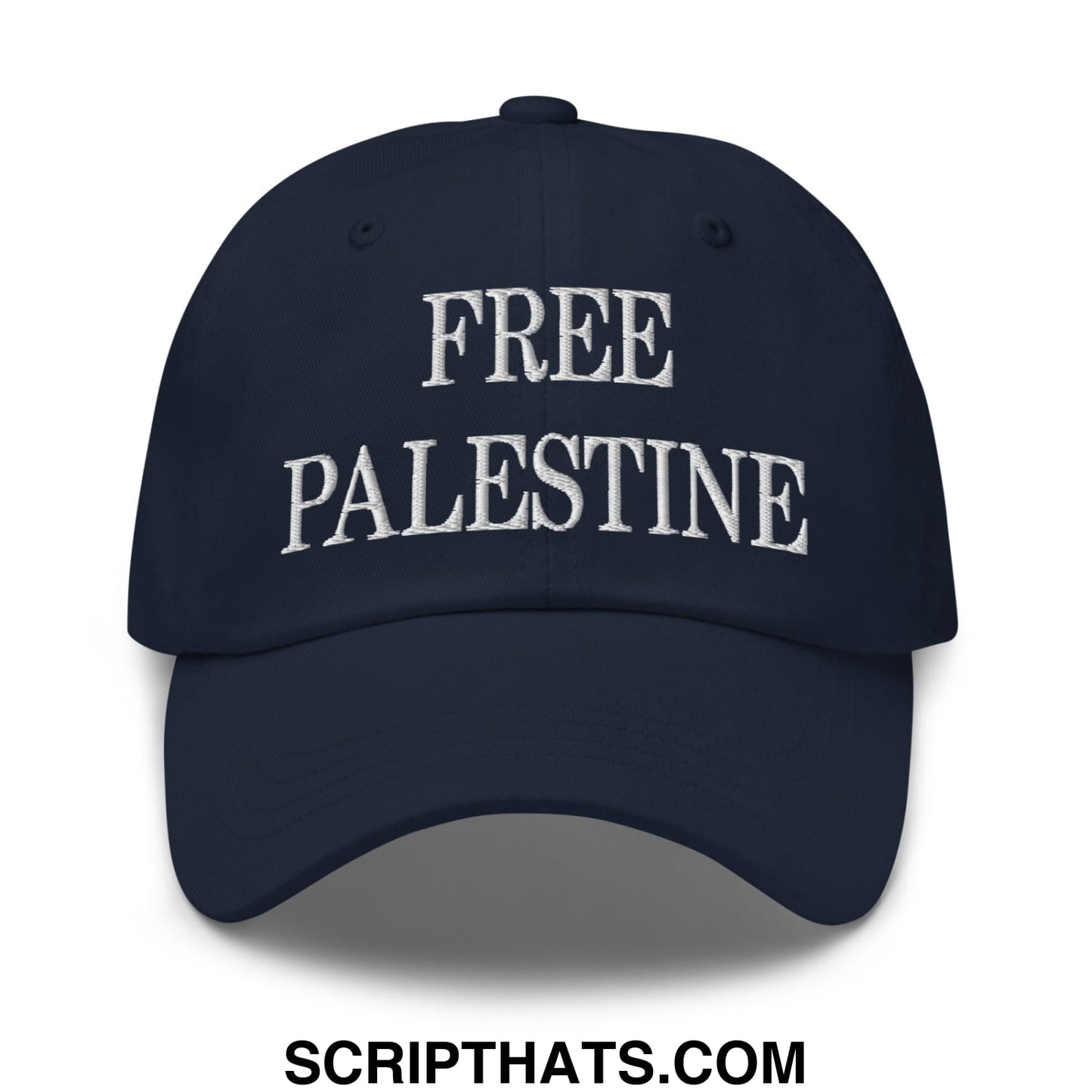 Navy blue unstructured dad hat with white embroidered free palestine text perfect for casual wear