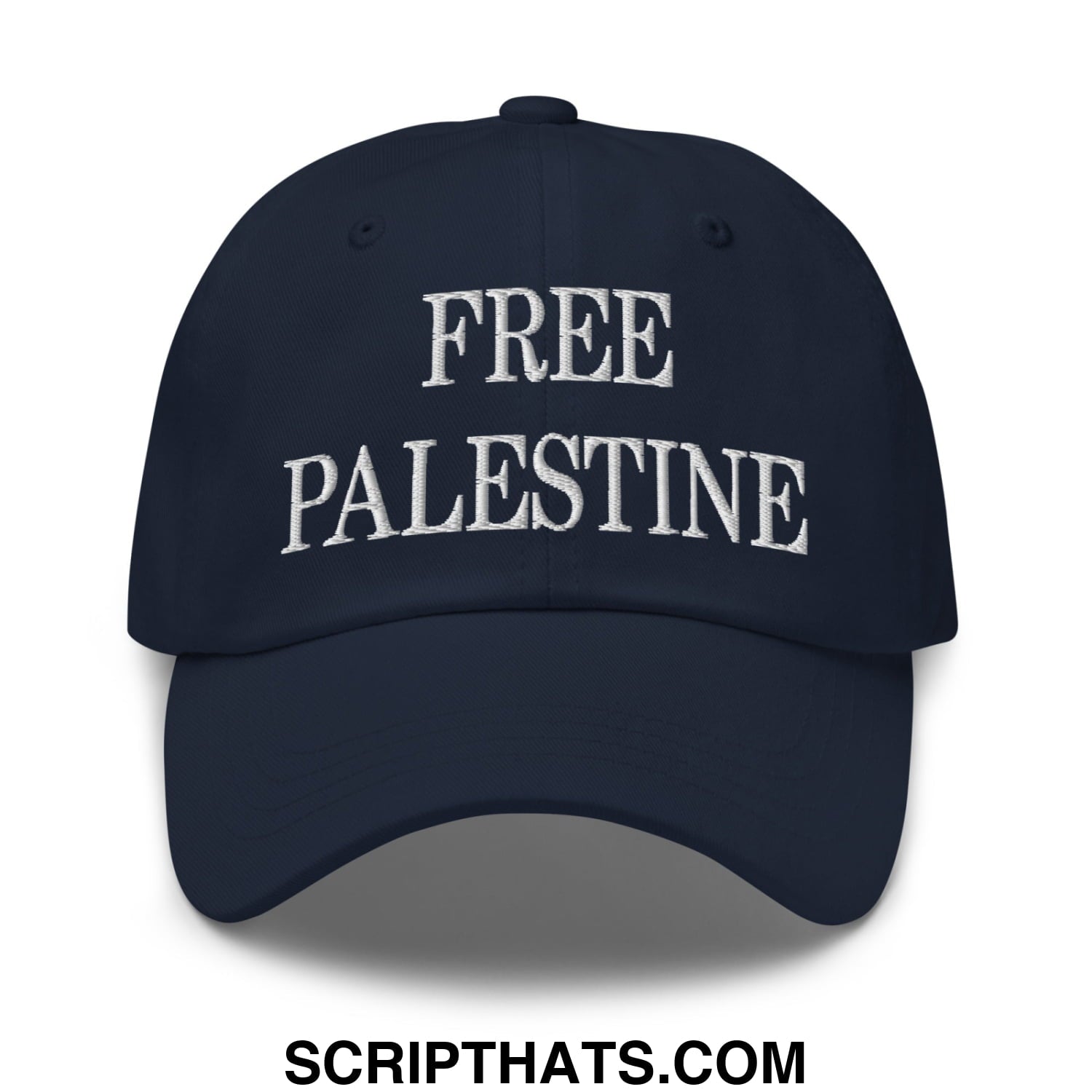 Navy blue unstructured dad hat with white embroidered free palestine text perfect for casual wear