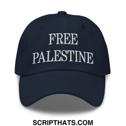 Navy blue unstructured dad hat with white embroidered free palestine text perfect for casual wear