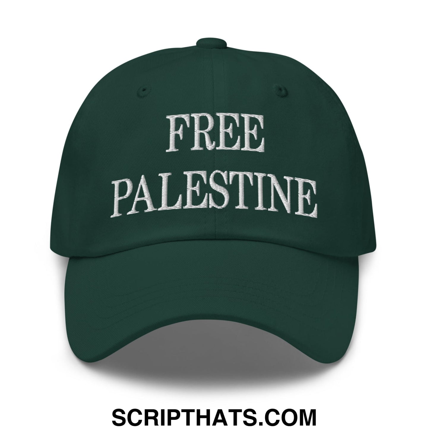 Dark green unstructured dad hat with white embroidered free Palestine text ideal for casual wear