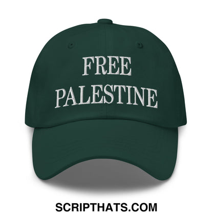 Dark green unstructured dad hat with white embroidered free Palestine text ideal for casual wear