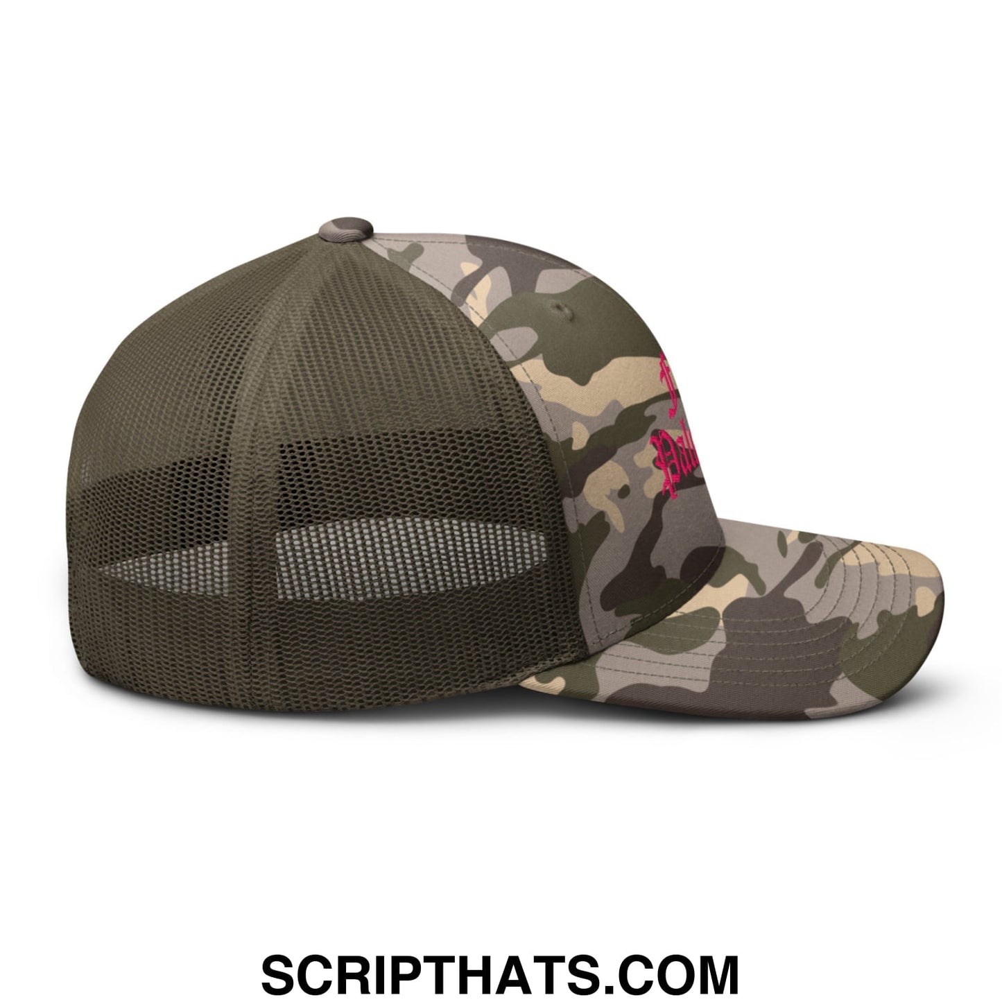 Olive and beige camouflage trucker hat with mesh back and pink embroidered free palestine old english logo on side