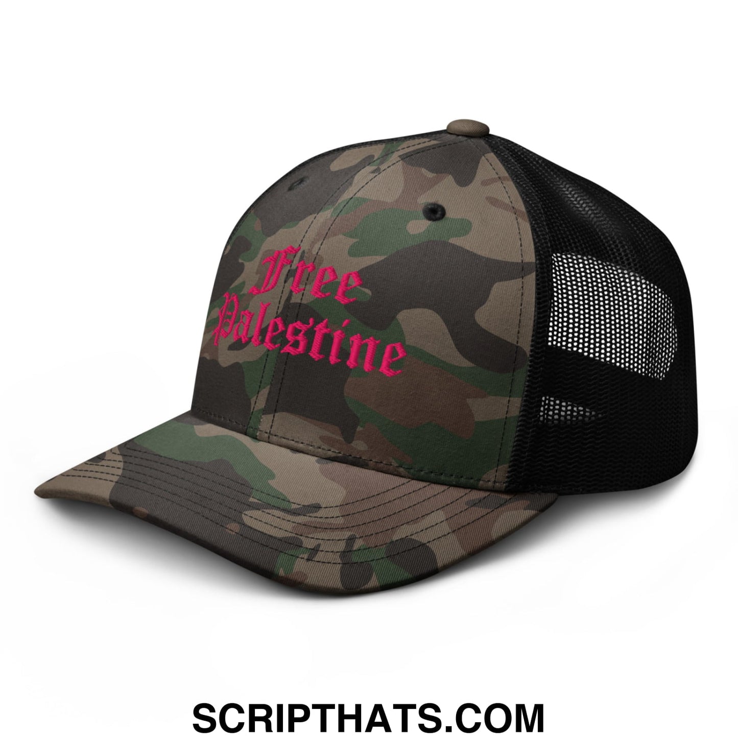 A camouflage patterned trucker hat with black mesh back and pink embroidered free palestine text on front