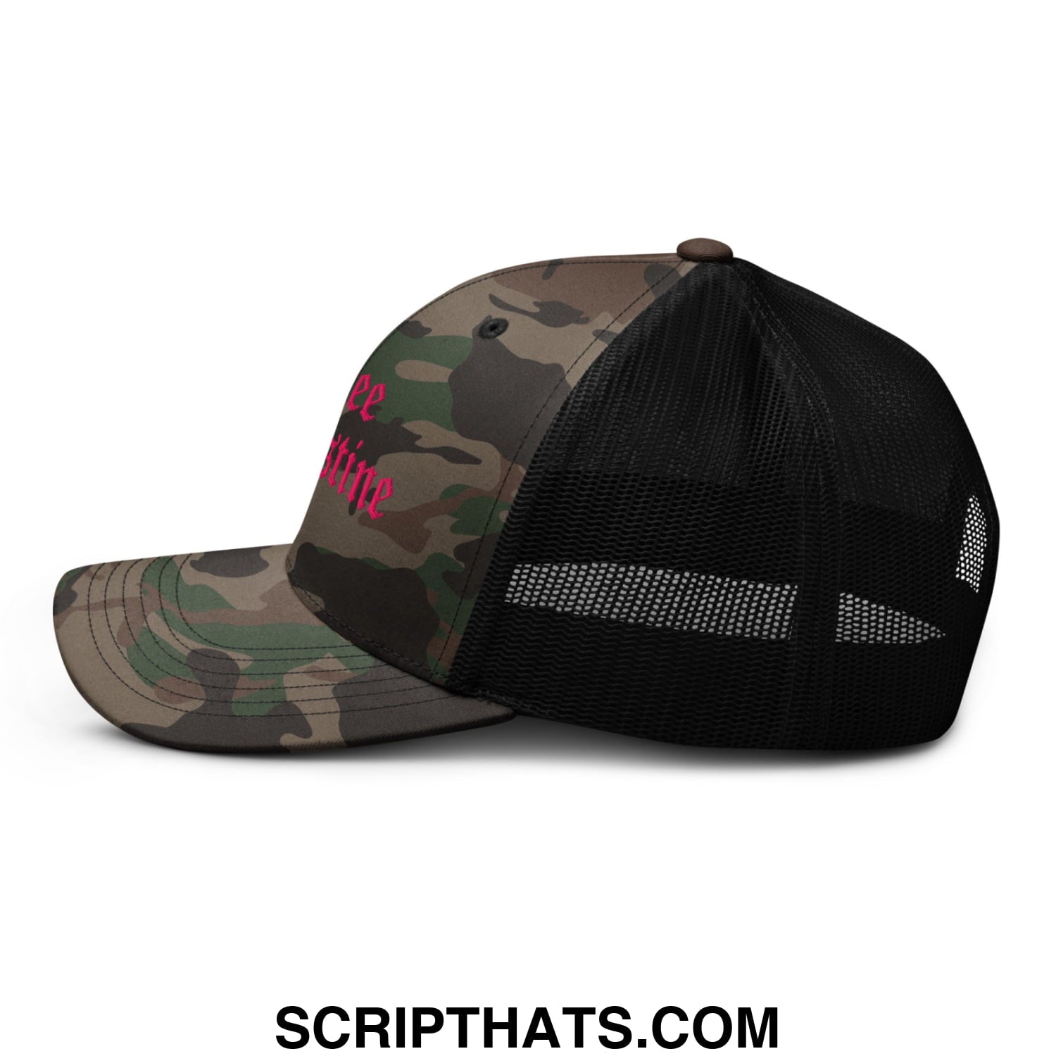 A free palestine camouflage-patterned trucker hat with black mesh back and pink embroidered old english text on front