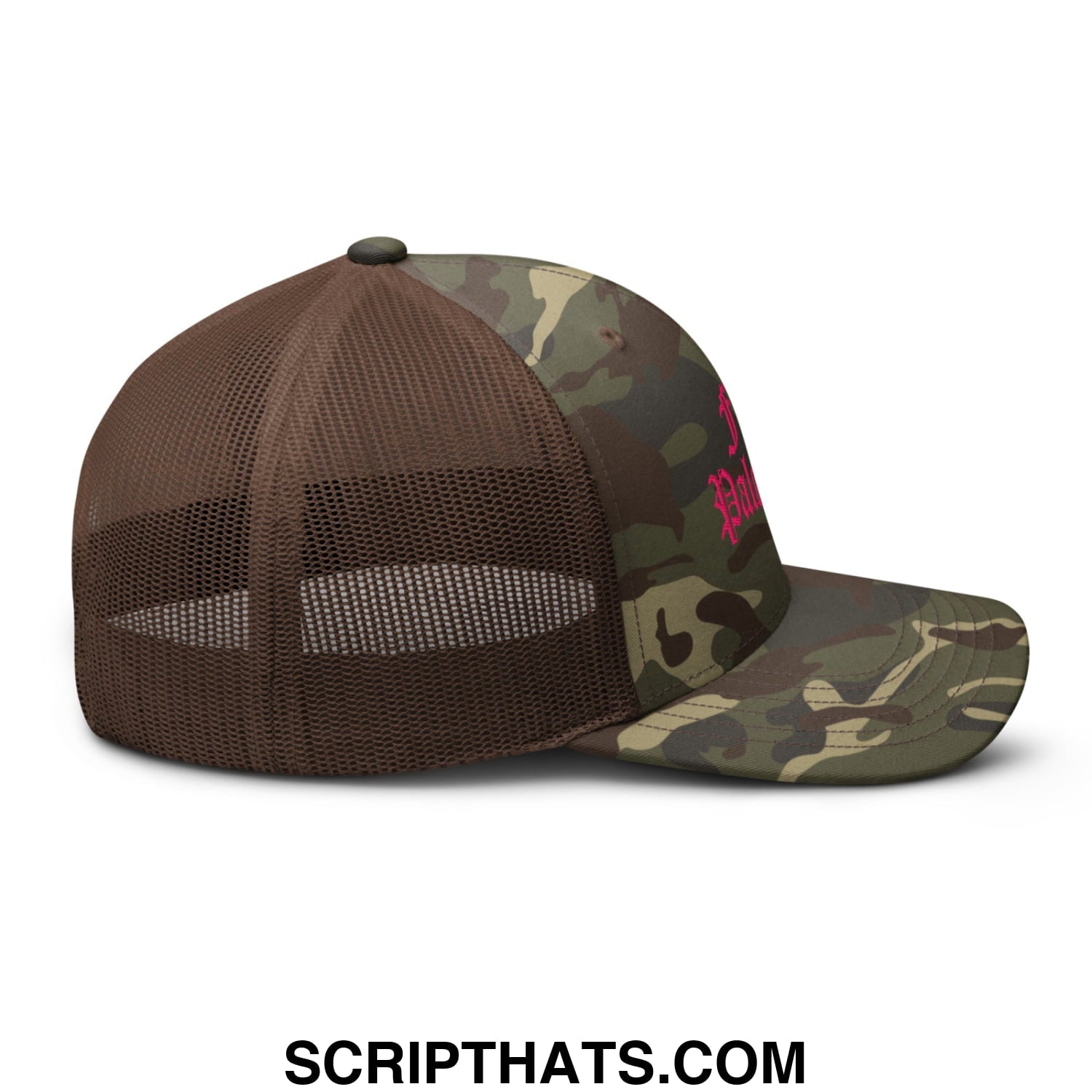Brown and green camouflage mesh trucker hat with pink free palestine old english embroidered script on the side