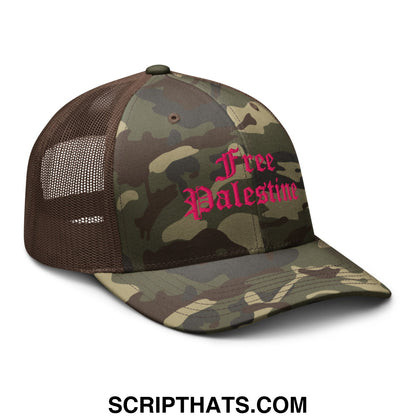A camouflage trucker hat with brown mesh back and pink free palestine embroidery in gothic script