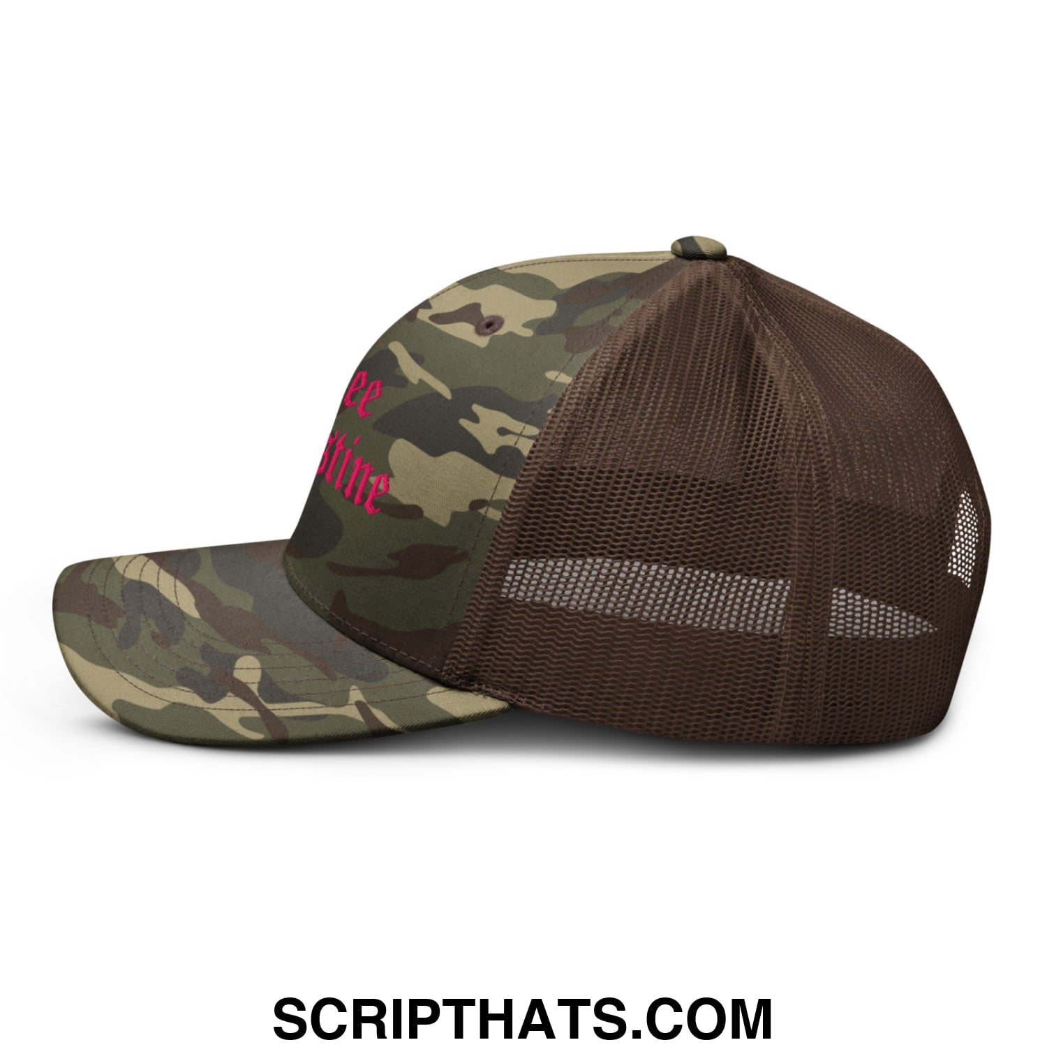 Camouflage patterned trucker hat with brown mesh back and pink embroidered free palestine text on front