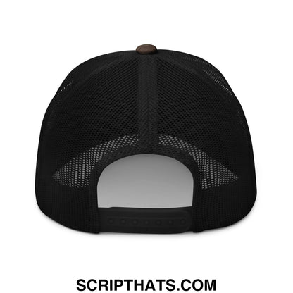 Back view of free palestine old english pink camo embroidered black mesh trucker hat with brown button and adjustable strap