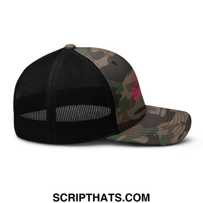 A black and camouflage mesh trucker hat with a pink old english free palestine embroidered logo on the front