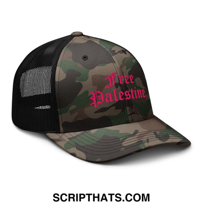 Free Palestine old English pink camo embroidered mesh trucker hat with black mesh back showing the back side
