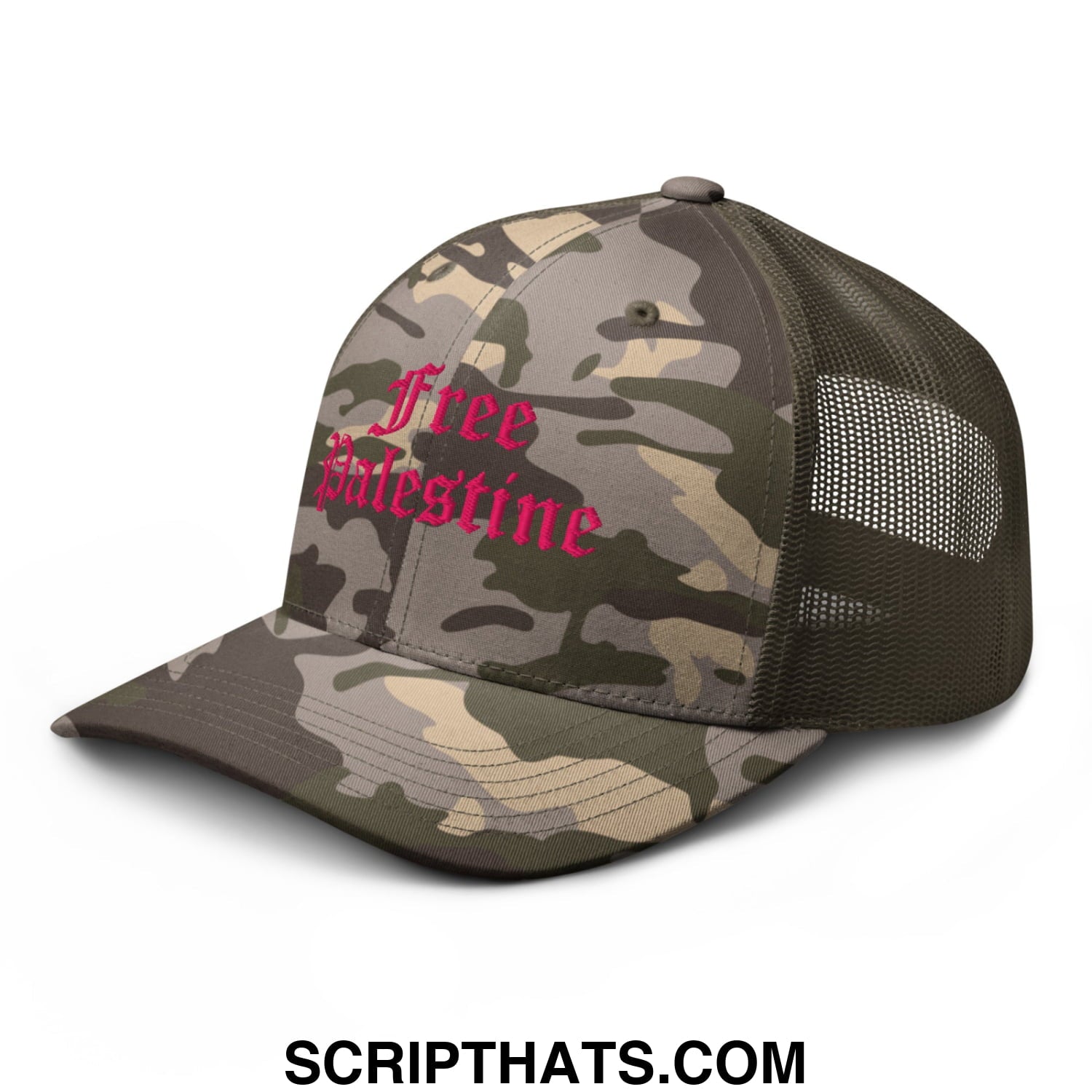 A camouflage trucker hat with mesh back and pink embroidered free palestine text on the front
