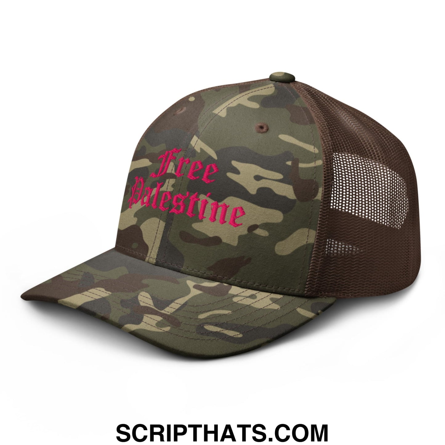 Free palestine old english pink camo embroidered mesh trucker hat with camouflage front and brown mesh back