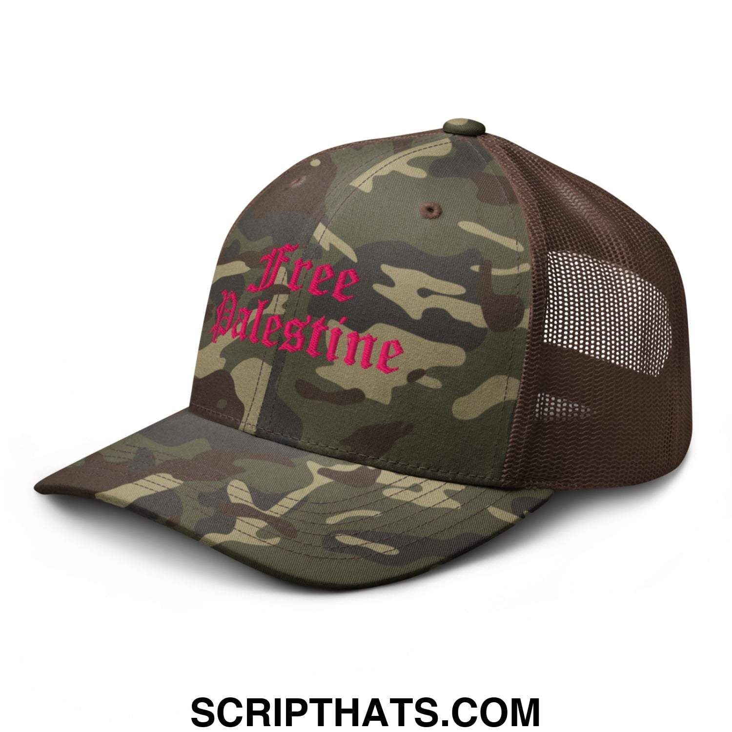 Free palestine old english pink camo embroidered mesh trucker hat with camouflage front and brown mesh back