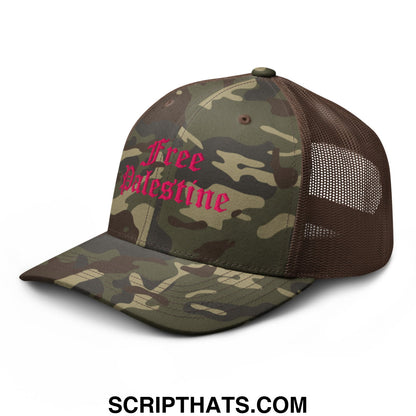 Free palestine old english pink camo embroidered mesh trucker hat with camouflage front and brown mesh back