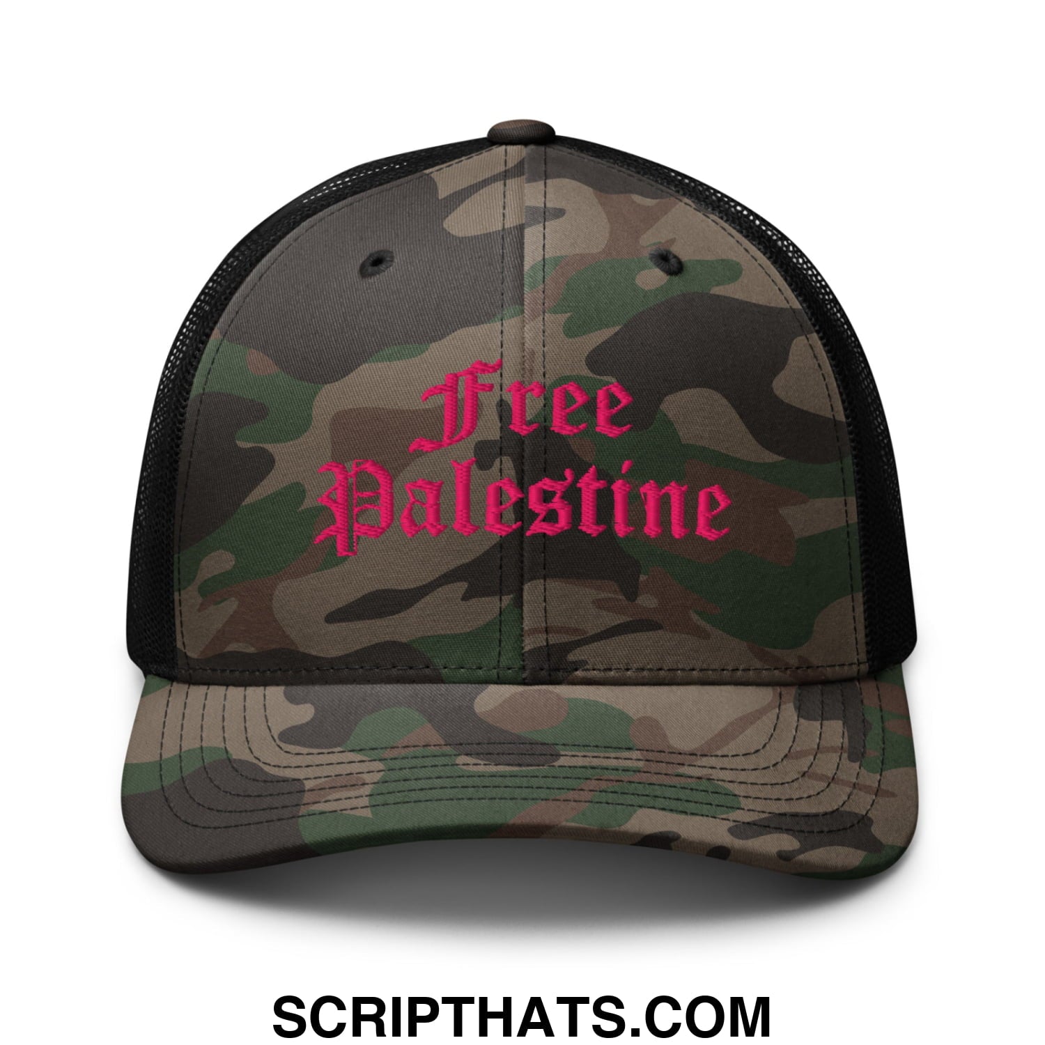 A camouflage mesh trucker hat with black sides and a pink embroidered free palestine logo in gothic script