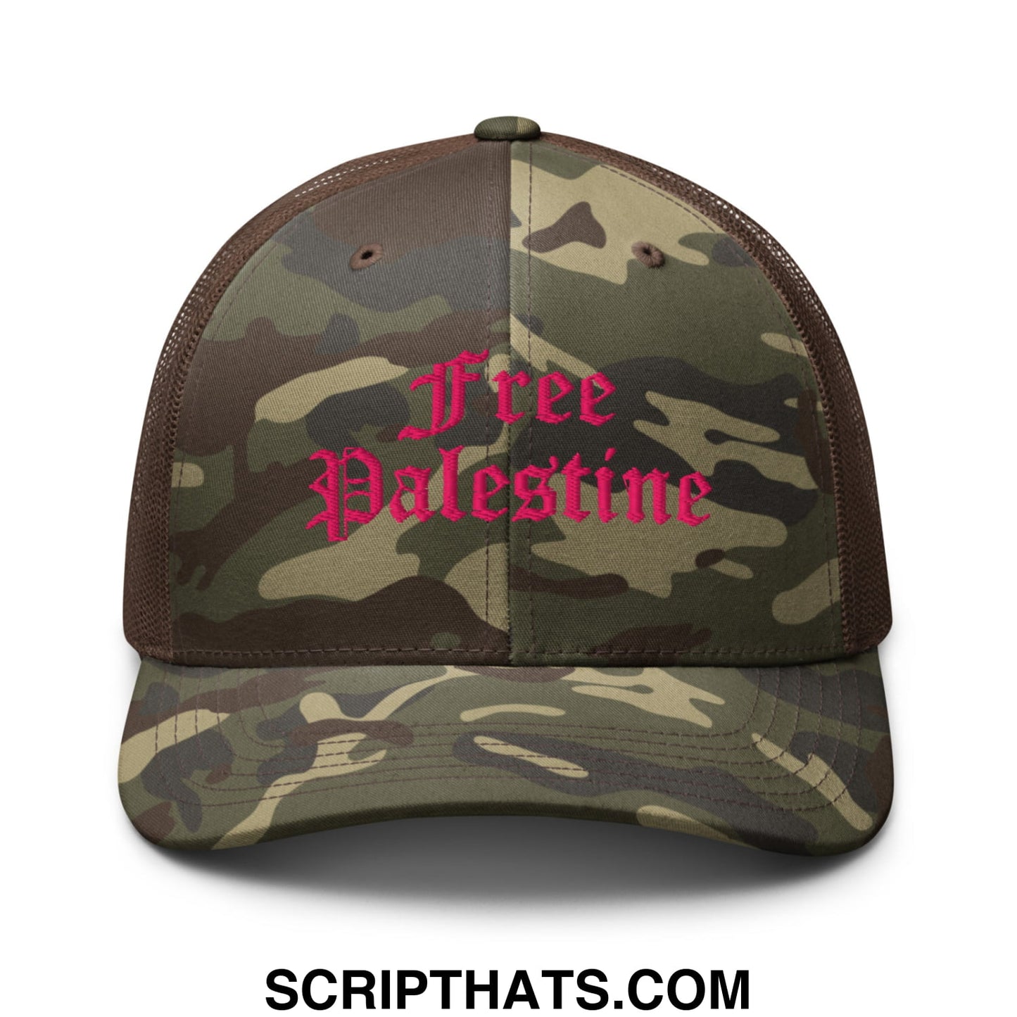 A camouflage trucker hat with brown mesh back and brim embroidered with free palestine in pink gothic script